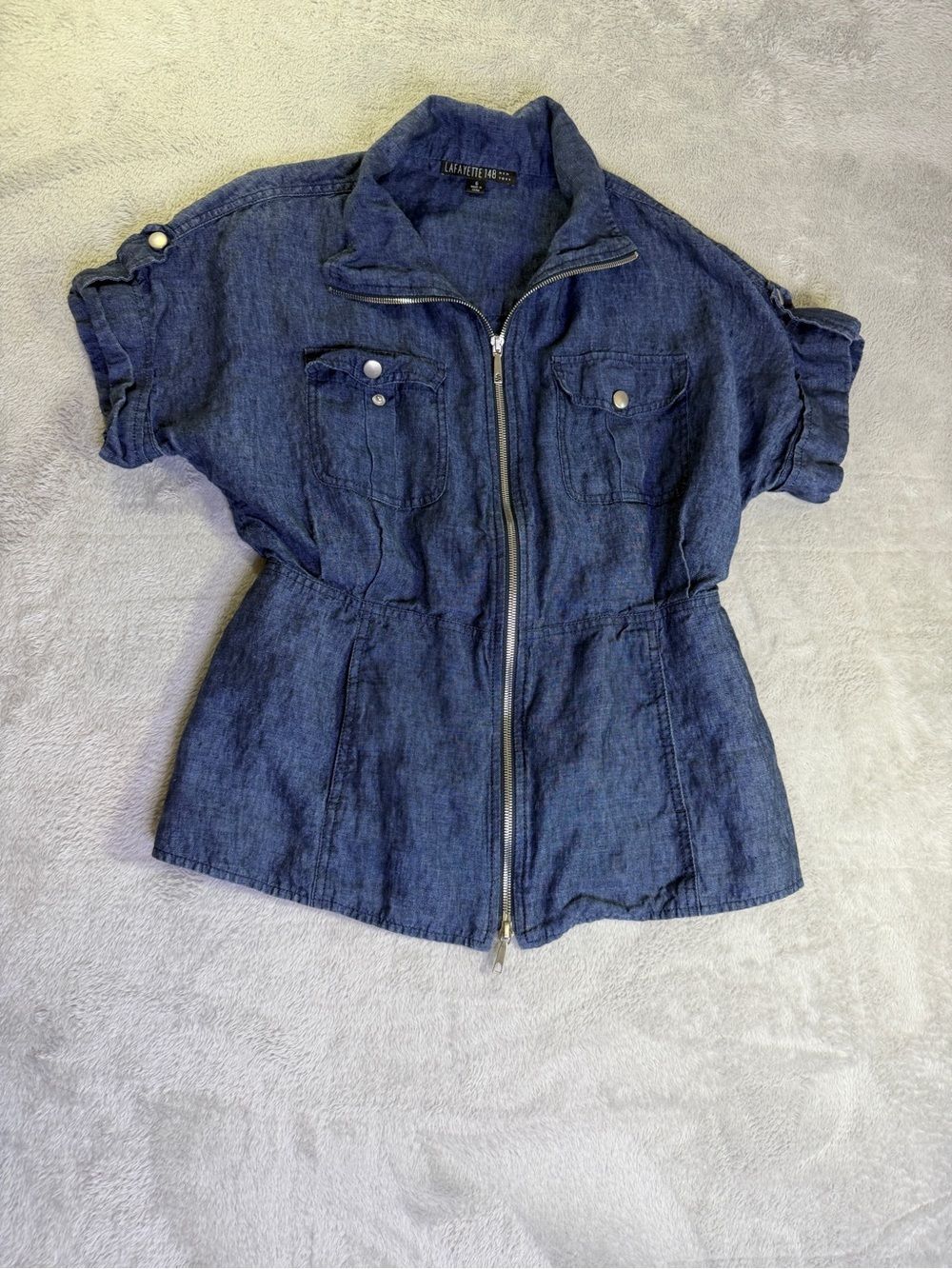 Lafayette 148 Navy Linen Zip Front Utility Jacket 6